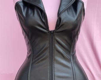 Handmade Black Leather Overbust Corset: Steel Boned Hourglass Waist Trainer