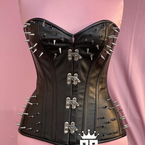 Handgefertigte Schwarze Leder Spiked Korsett: Gothic Punk Steel Boned Taillentrainer