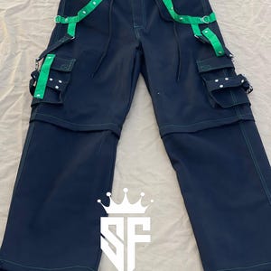 Hand-Stitched Gothic Pants: Black Cotton Trousers with Green Straps & Chain
