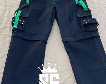 Hand-Stitched Gothic Pants: Black Cotton Trousers with Green Straps & Chain