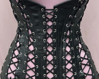 黒革製スチールボーン入りアンダーバストコルセット、ゴシック・スチームパンク風ウエストニッパー