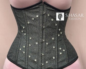 Corsé negro brillante con varillas de acero y diamantes de imitación – Faja reductora de cintura de estilo gótico