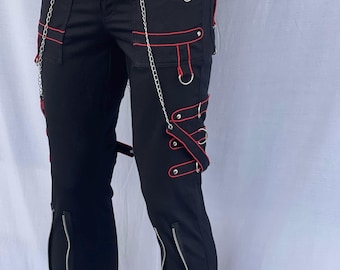 Handcrafted Gothic Punk Strap Pants: Red Trim Cyberpunk Techwear