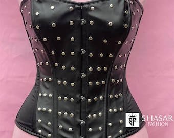 Handmade Black Studded Faux Leather Corset: Gothic Punk Rock Style