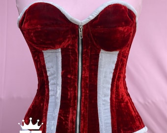 Corset overbust en velours rouge fait main : corset taille sablier désossé en acier