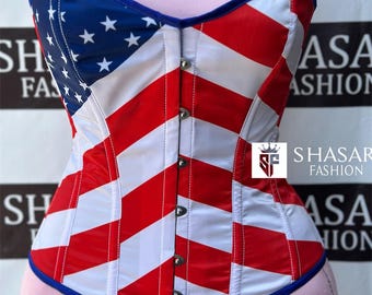 Amerikansk flagga satinkorsett, axelbandslös stålbensmidja, USA festivaltopp