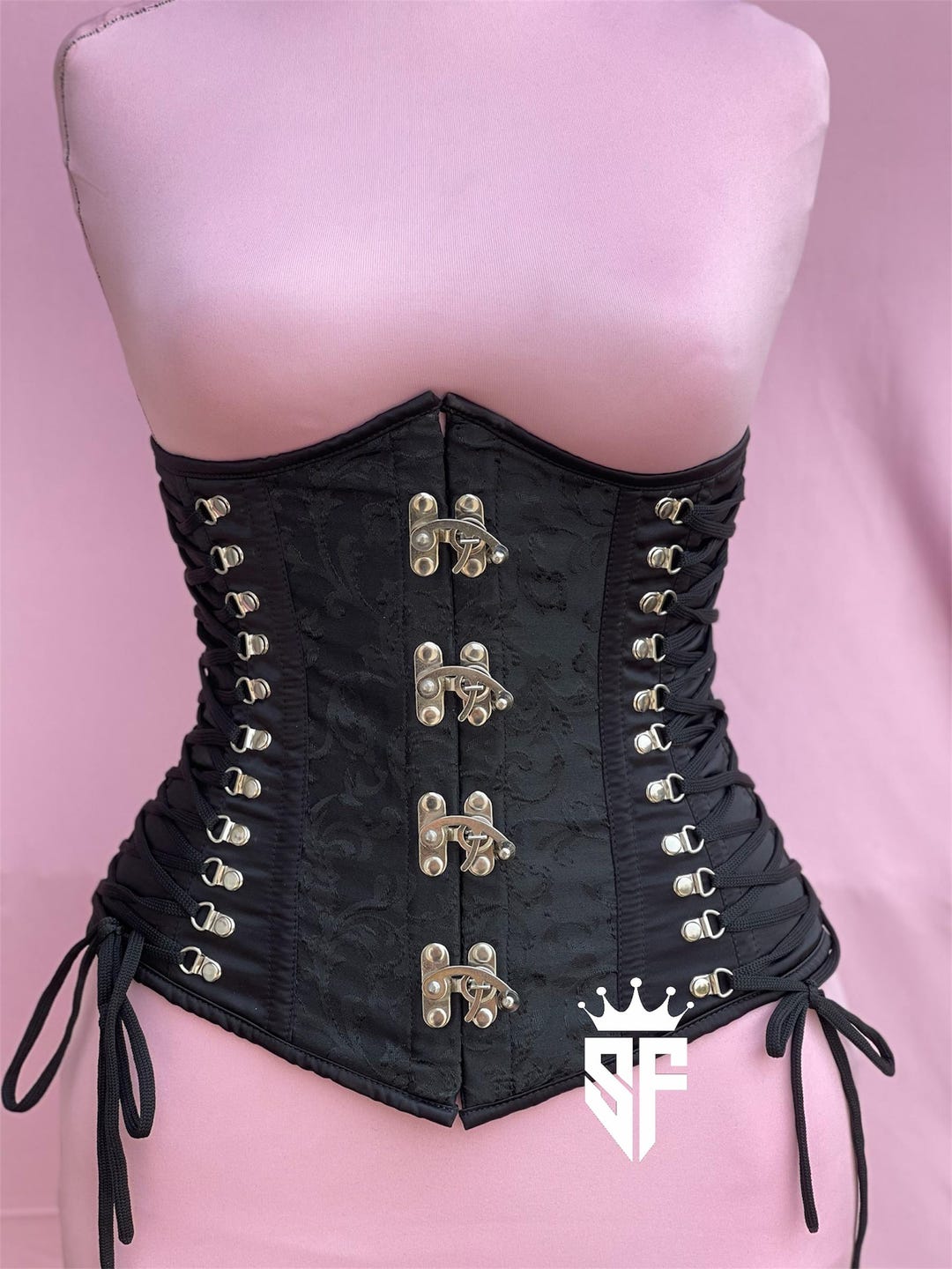 Handmade Black Brocade Underbust Corset: Steel Boned Hourglass Waist Trainer
