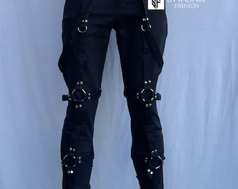 Handcrafted Gothic Techwear Pants: Punk Buckle Straps, White Thread Accents