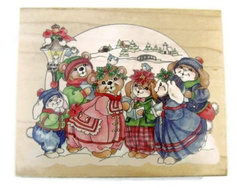 Christmas Bunnies Birds and Bears Singing Carols Rubber Stamp