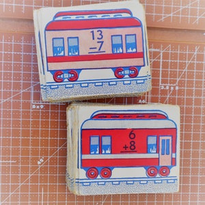 Conjunto de 5 tarjetas flash vintage de la década de 1940 Train Themed Addition and Subtraction card.