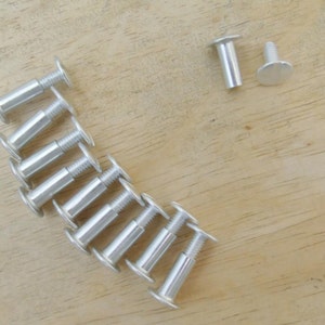 May include: A close-up of ten silver metal screws with a flat head and a round base. The screws are arranged in a semi-circle on a light brown wooden surface.