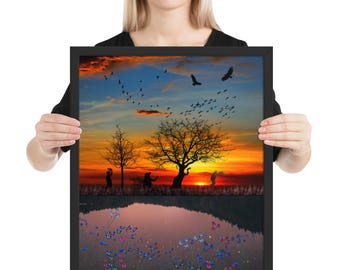 Póster enmarcado en papel mate mejorado con relación de aspecto 4:5 / Campos de horizonte rojo / Arte mural rústico moderno / Cosecha de campo cálido / Arte de resplandor tranquilo