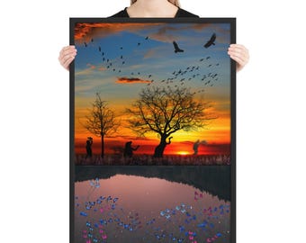 Póster enmarcado en papel mate mejorado con relación de aspecto 2:3 / Campos de horizonte rojo / Arte mural rústico moderno / Cosecha de campo cálido / Arte de resplandor tranquilo