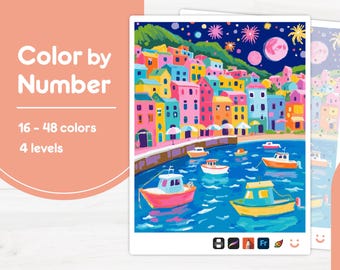 Colorful Houses by Water - Color by Number - Digital & Printable - 4 Levels