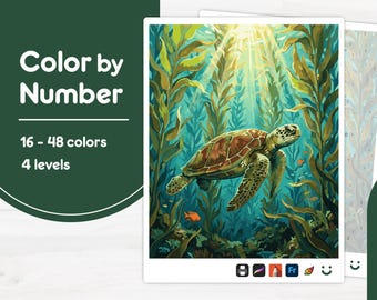 Sea Turtle Swimming - Color by Number - Digital & Printable - 4 Levels