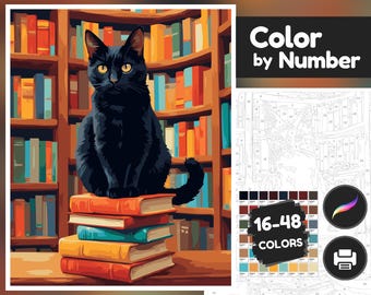 Gato Bibliotecario: Colorear por números avanzado, pintar por números para adultos, Procrear, cuaderno de bocetos, imprimible, descarga digital, preescolar