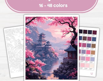 Cherry Blossom Castle - Color by Number - Digital & Printable - 4 Levels