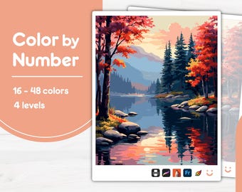 Autumn Lake Landscape Color by Number PBN for Procreate, Sketchbook, Prints, Easy/Advanced, Kid/Adult