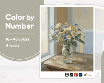 Flower Vase on Table - Color by Number - Digital & Printable - 4 Levels
