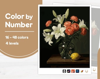 Flower Vase with Lemon - Color by Number - Digital & Printable - 4 Levels