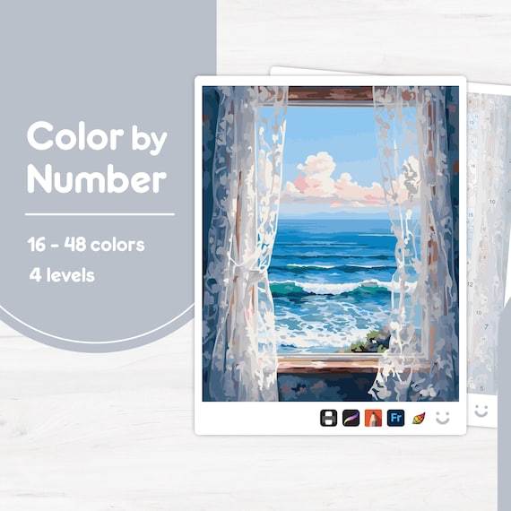 Ocean View from Window - Color by Number - Digital & Printable - 4 Levels