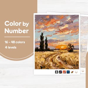 Könnte beinhalten: Ein Malen-nach-Zahlen-Set mit einem Landschaftsgemälde eines goldenen Weizenfeldes unter einem Sonnenuntergangshimmel mit hohen dunklen Bäumen. Der Text lautet Color by Number, 16 - 48 colors, 4 levels. Kleine Symbole sind unten abgebildet.