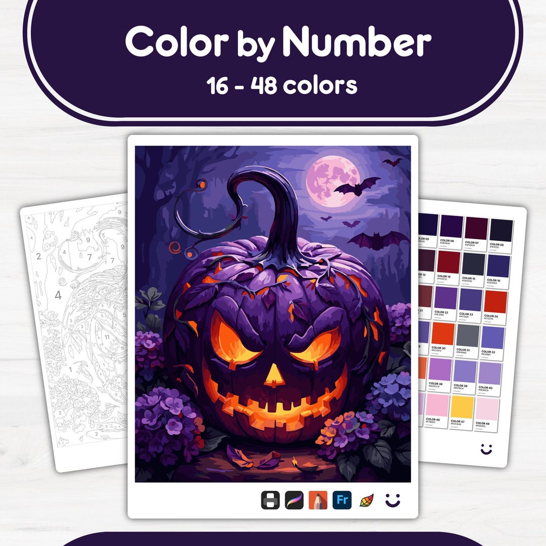 紫のハロウィンかぼちゃ - 数字で色を塗る - デジタル＆印刷可能 - 4