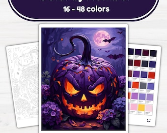 May include: A Halloween colour-by-number kit showing a purple jack-o'-lantern with orange eyes and mouth, bats, and a full moon. The kit includes a colour palette and a numbered outline for painting. The text at the top reads "Color by Number" and "16 - 48 colours."