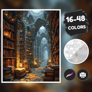 Könnte beinhalten: Ein Gemälde einer großen, schwach beleuchteten Bibliothek mit hohen Bücherregalen und gewölbten Decken. Die Regale sind mit Büchern gefüllt und von der Decke hängen Laternen. Das Gemälde ist im Stil einer Malen-nach-Zahlen-Vorlage mit einer Farbkarte und Zahlen an der Seite.