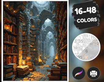 Ancient Library Color by Number Pages, Paint by Number, Digital, Procreate, Printable, Gift For Adult, Kid, Him and Her, PNG, SVG, PDF