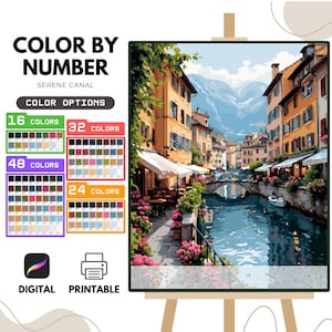 May include: Color by number painting kit featuring a serene canal scene with colorful buildings, a bridge, and boats. The kit includes 16, 24, 32, and 48 color options. The image is labeled "Color by Number" and "Serene Canal".