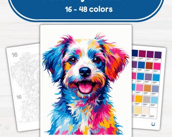 May include: A colorful paint-by-number kit featuring a vibrant dog portrait. The kit includes a numbered canvas, a color chart, and the text "Color by Number 16 - 48 colors". The dog's fur is depicted in shades of blue, pink, orange, and yellow.