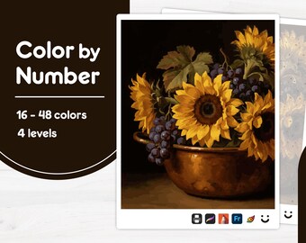 Sunflowers in Bowl - Color by Number - Digital & Printable - 4 Levels