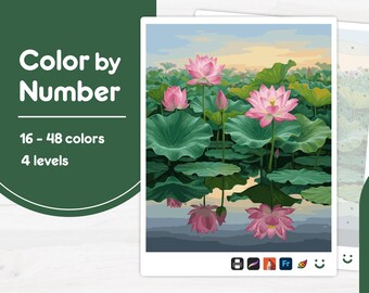 Pink Lotus Flowers - Color by Number - Digital & Printable - 4 Levels