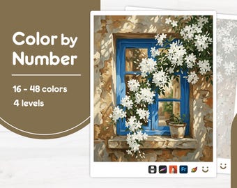 Blue Window with Flowers - Color by Number - Digital & Printable - 4 Levels