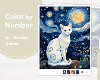 White Cat Under Stars - Color by Number - Digital & Printable - 4 Levels