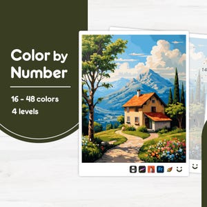 Mountain House View - Color by Number - Digital & Printable - 4 Levels