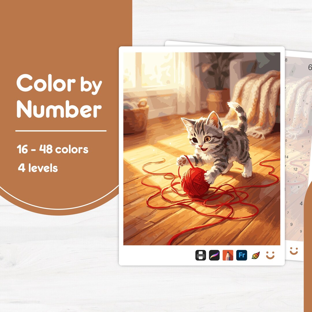 Playful Kitten With Yarn - Color by Number - Digital & Printable - 4 ...