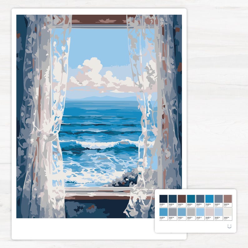 ocean view window scenery beach waves blue sky nature interior seaside curtains landscape serene