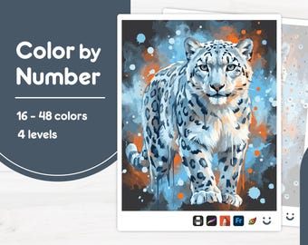 Snow Leopard Close-Up - Color by Number - Digital & Printable - 4 Levels