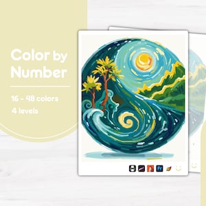 May include: A color-by-number kit featuring a vibrant seascape design. The artwork depicts a swirling ocean, a bright sun, and green mountains. The kit includes 16-48 colors and 4 levels of difficulty. The words "Color by Number" are displayed.