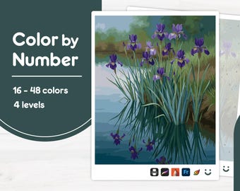 Purple Irises by Water - Color by Number - Digital & Printable - 4 Levels