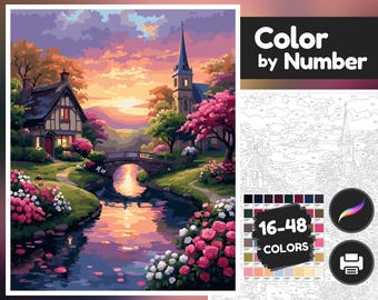 May include: A colorful paint-by-number kit featuring a serene landscape with a river, bridge, and church. The image includes a cottage, trees, and flowers, with a sunset sky. The kit offers 16-48 colors.