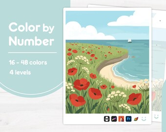 Red Flowers by Ocean - Color by Number - Digital & Printable - 4 Levels