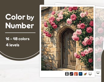 Stone Door with Roses - Color by Number - Digital & Printable - 4 Levels