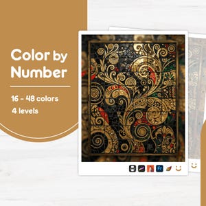 May include: A color-by-number kit featuring a detailed mosaic design with gold, black, red, and green accents. The image shows a finished artwork with intricate patterns and the text "Color by Number", "16 - 48 colors", and "4 levels".