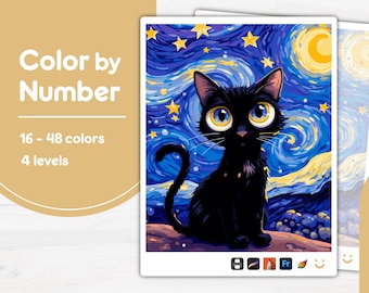 Könnte beinhalten: Ein Malen-nach-Zahlen-Set mit einer schwarzen Katze mit großen gelben Augen vor einem Sternenhimmel. Das Set enthält 16-48 Farben und 4 Schwierigkeitsstufen. Die Worte "Color by Number" sind groß und fett dargestellt.