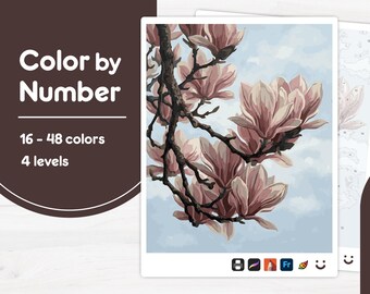 Pink Magnolia Flowers - Color by Number - Digital & Printable - 4 Levels