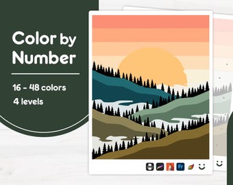 Forest and Sunset - Color by Number - Digital & Printable - 4 Levels