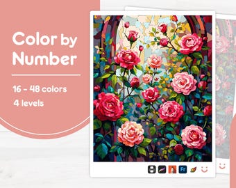 Colorful Rose Bouquet - Color by Number - Digital & Printable - 4 Levels